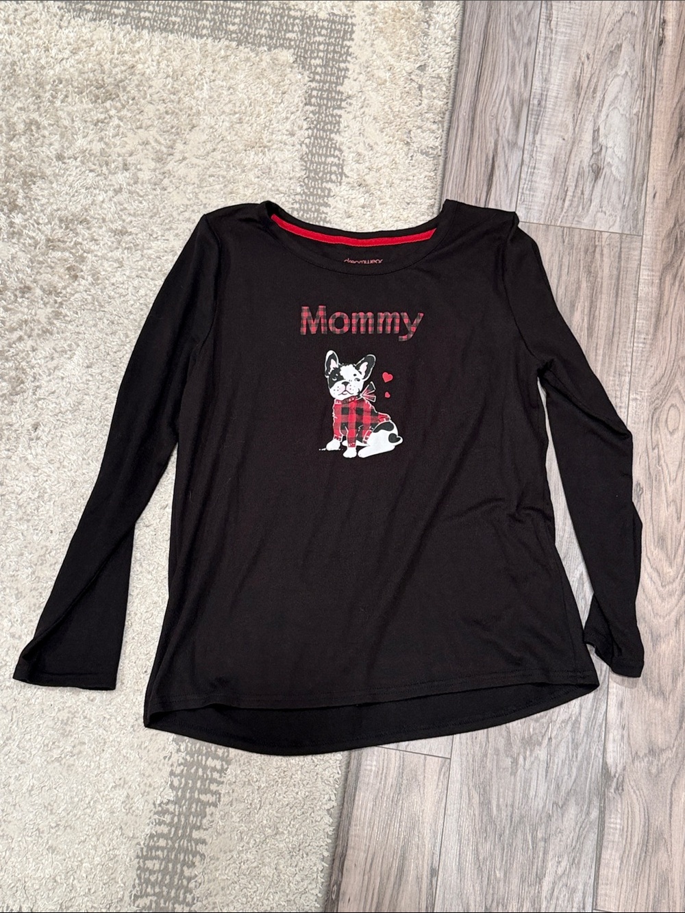 Black Mommy Pajama Top with Plaid Puppy Graphic